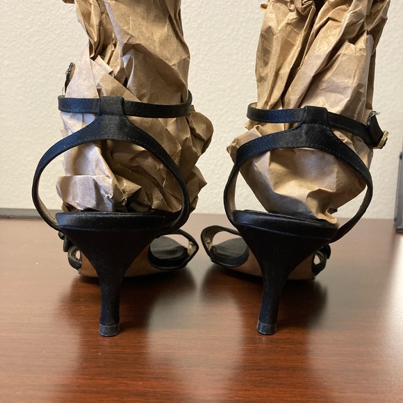 SZ 5.5 M BLK Satin formal ankle strap bow tie kitten heel genuine leather sole - Picture 2 of 7